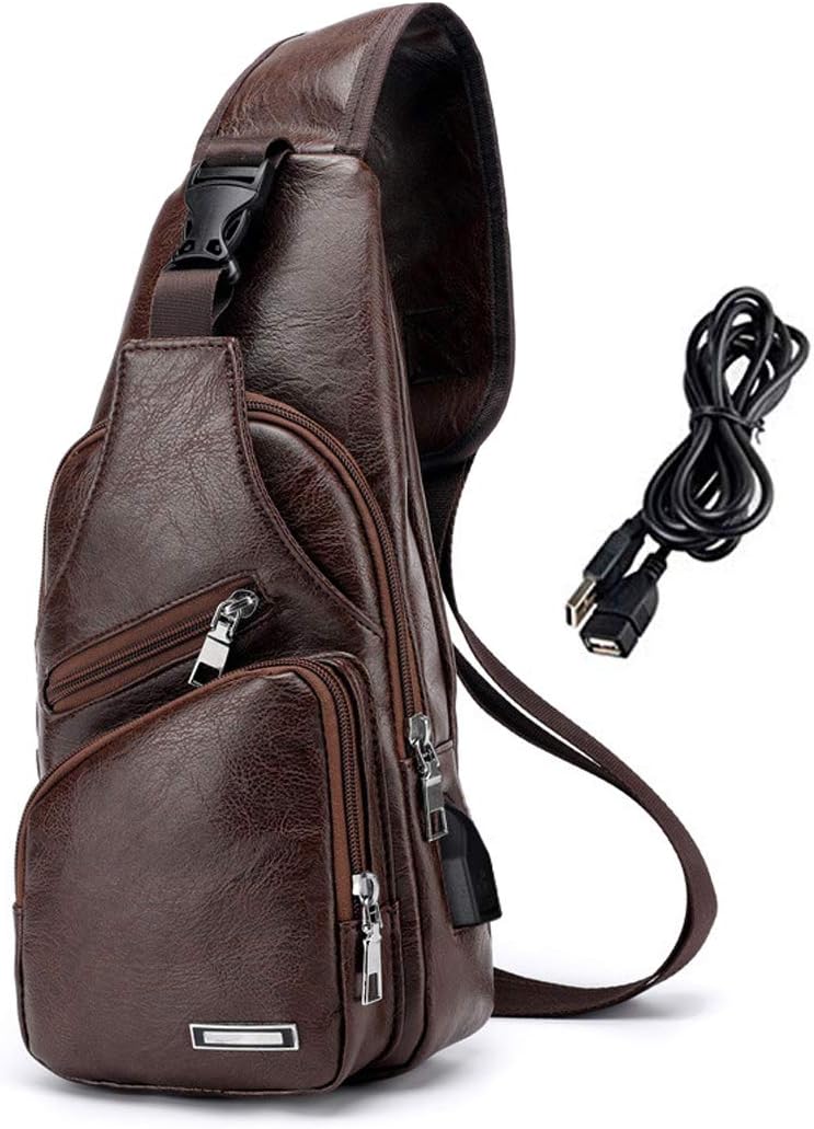 Men PU Leather Sling Backpack Small Chest Shoulder Crossbody Bag with USB Charging Port for Travel Hiking Cycling Dark Brown