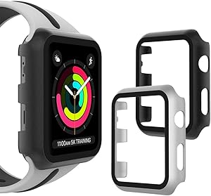 WD&CD (2 Pack) Case Compatible with Apple Watch Series 2 Series 3 42mm, Buit-in Ultra Thin HD Tempered Glass Screen Protector Protective Cover Replacement for iwatch Series 2/3, Black & Silver