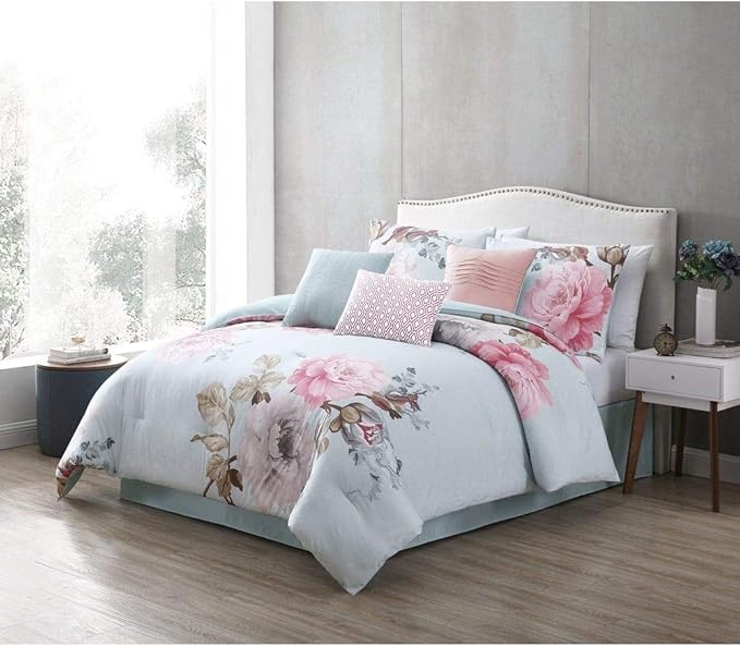 HNU 7 Piece Modern Style White Pink Comforter Set King Size