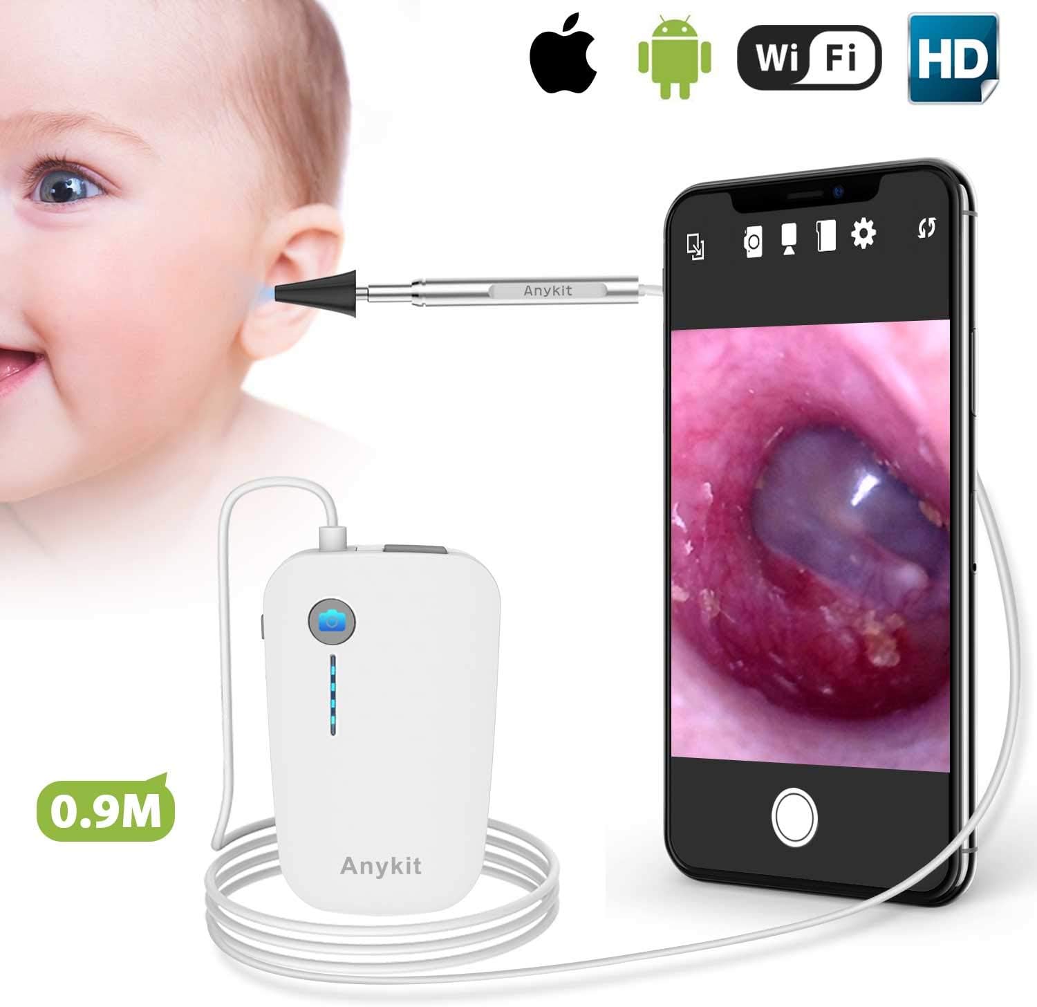 Wireless Otoscope Ear Camera-Anykit 3.9mm WiFi Ear Scope Inspection Camera with 6 Adjustable LED Lights and Earwax Cleaning Tool, Compatible with iPhone, iPad & Android Smart Phones