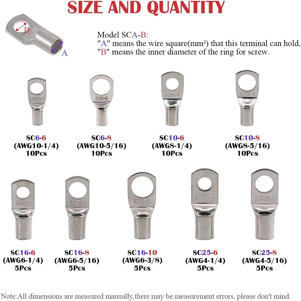 Hilitchi 65 Pcs UL Listed Heavy Duty Wire Lugs Battery Cable Ends Eyelets Tubular Ring Terminal Connectors (AWG4, AWG6, AWG10) : Sports & Outdoors