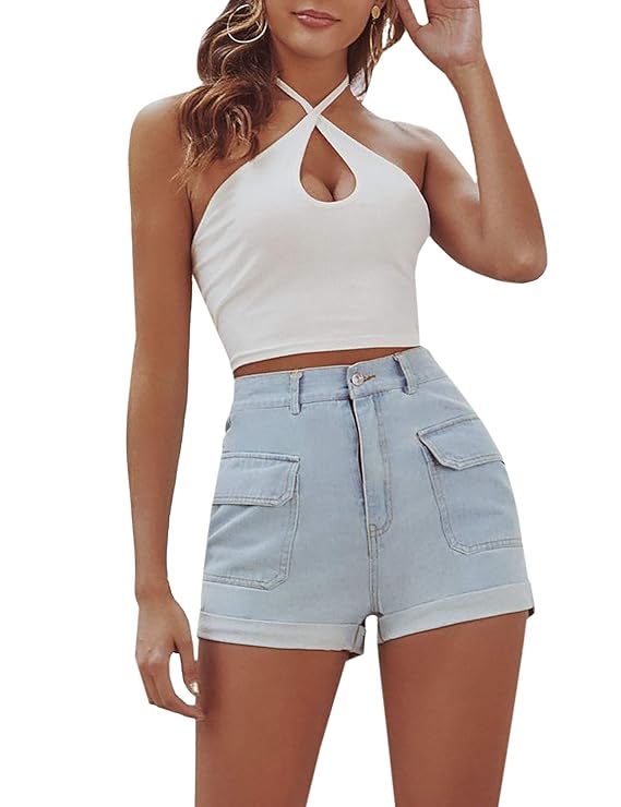 Buy Women's Casual Solid Denim Shorts with Pockets Rolled Cuffs Zipper