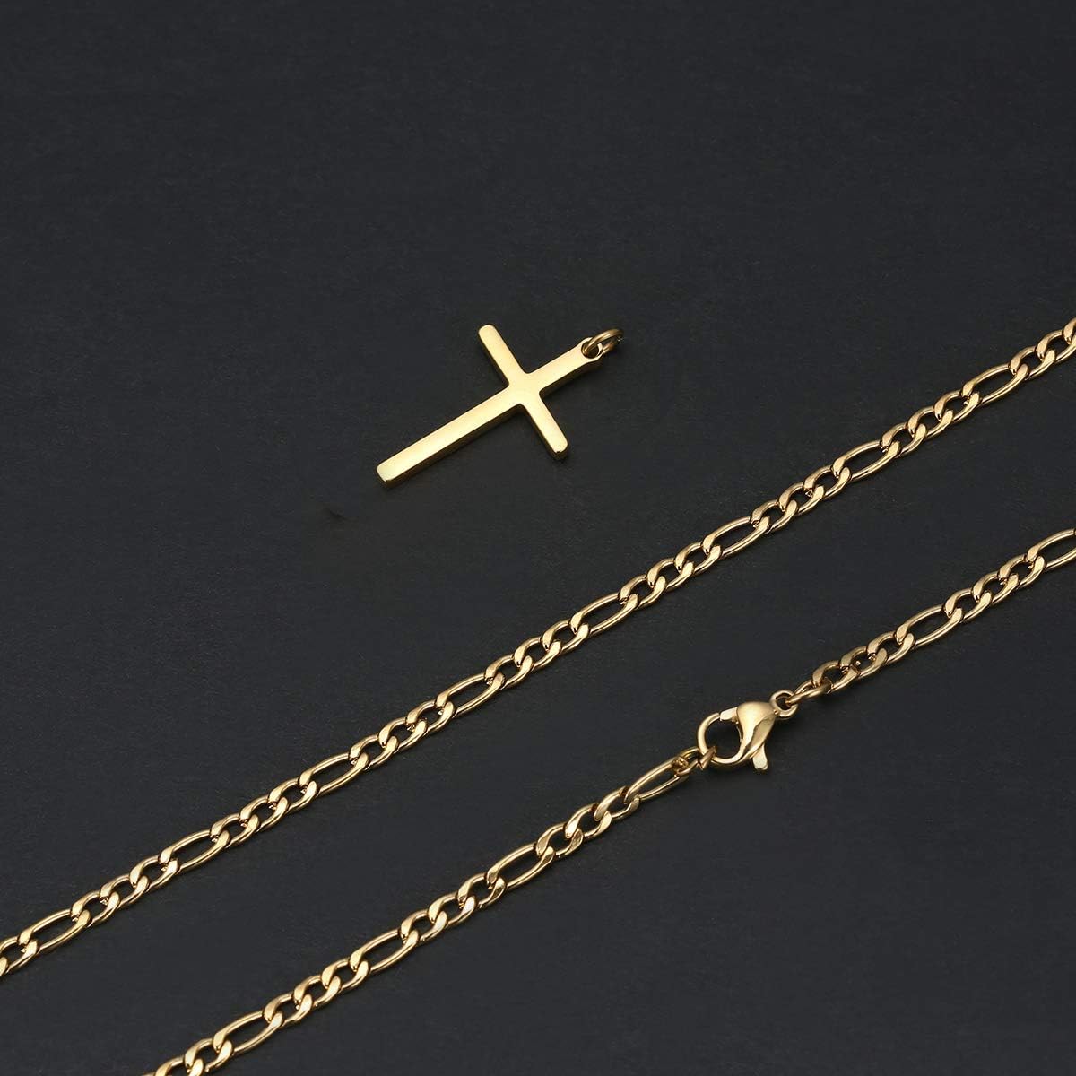 14K Gold Filled Cross Necklace for Men Figaro Chain Stainless Steel Plain Polished Cross Pendant Necklace Simple Faith Jewelry Gift for Boy Women Girls 24": Jewelry