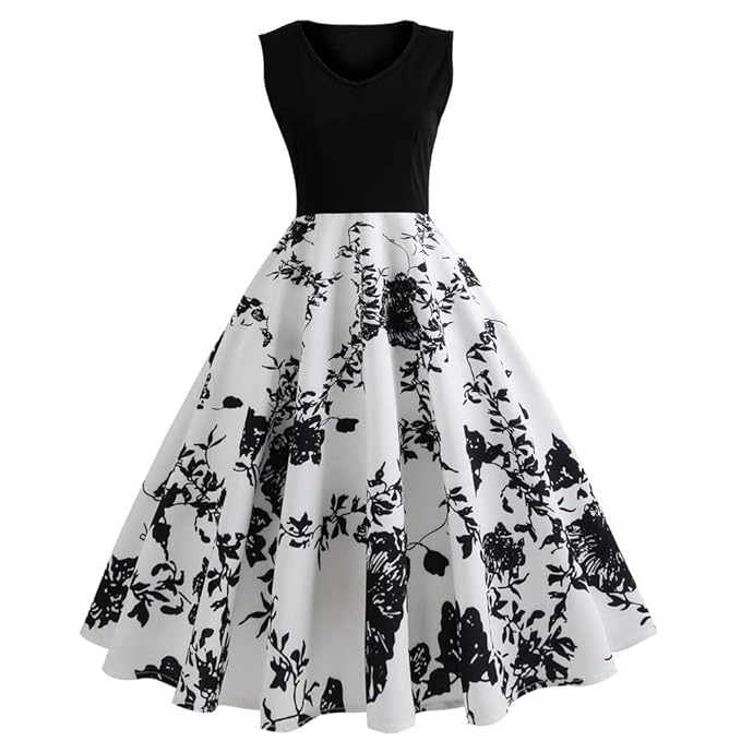 KIMODO Damen Kleid Herbst Vintage Druck Ärmelloses Abendkleid Partykleid Kleider