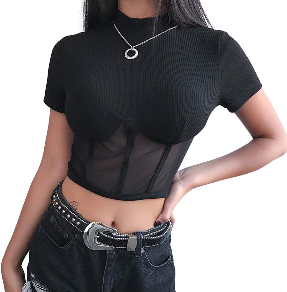 Women Black Mesh Transparent T-Shirt Hot Crop Tops Harajuku Party Femme Tops