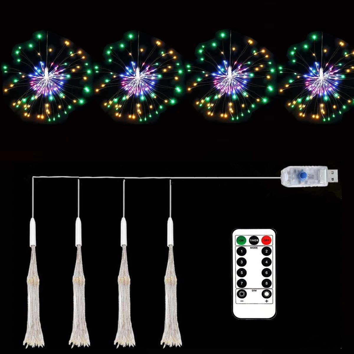 CCILAND 4 Pack Fireworks Lights Multicolour LED, Christmas Starburst Sparkle Fairy String Light USB Powered with Remote