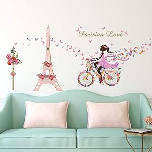 ufengke Girl Bicycle Wall Stickers Flowers Eiffel Tower Wall Decals Mural for Kids Bedroom Living Room