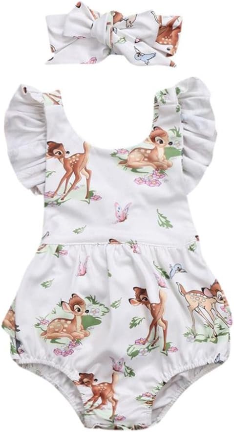 G-real Infant Baby Girl Cute Flower Deer Romper Jumpsuit Ruffle Tops+ Bow Headband Playsuit For 3-18M (Beige, 6M)