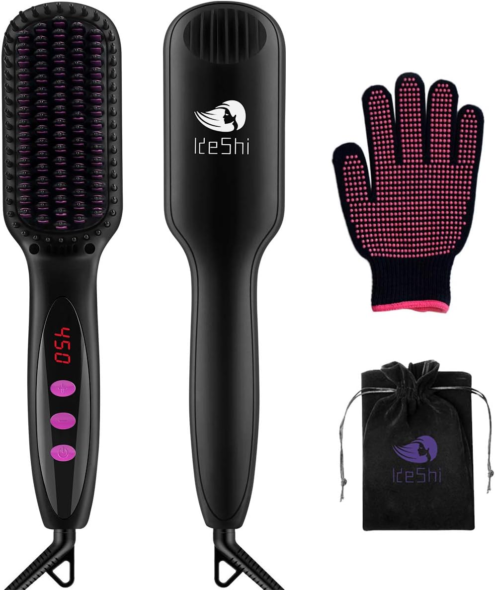 Hair Straightener Brush, KeShi Ionic Straightening Brush, Hair Straightener with 30s Fast Ceramic Heating, 12 Heat Levels, Auto Off, Hair Straightening Comb for Thin, Thick, Curly Hair