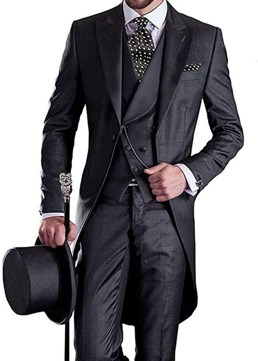 LoveeToo Men's 3 Pieces Mens Tail Tuxedo Tailcoat Suit in Gray Black Jacket, Vest, Suit Pants