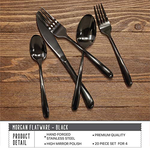 Craft & Kin Flatware Set, Hand-Forged Black Silverware Set, Classic Heirloom Luxury Black Flatware | Premium Quality Pure Stainless Steel Cutlery Set, Mirror Polished Dinnerware Set (20-pc, Set for 4)