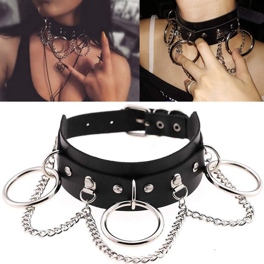 Amazon Co Jp チョーカー レザー 首輪 リング チェーン レディース メンズ パンク系 コスプレ ゴシック 調節可能 ブラック ホビー