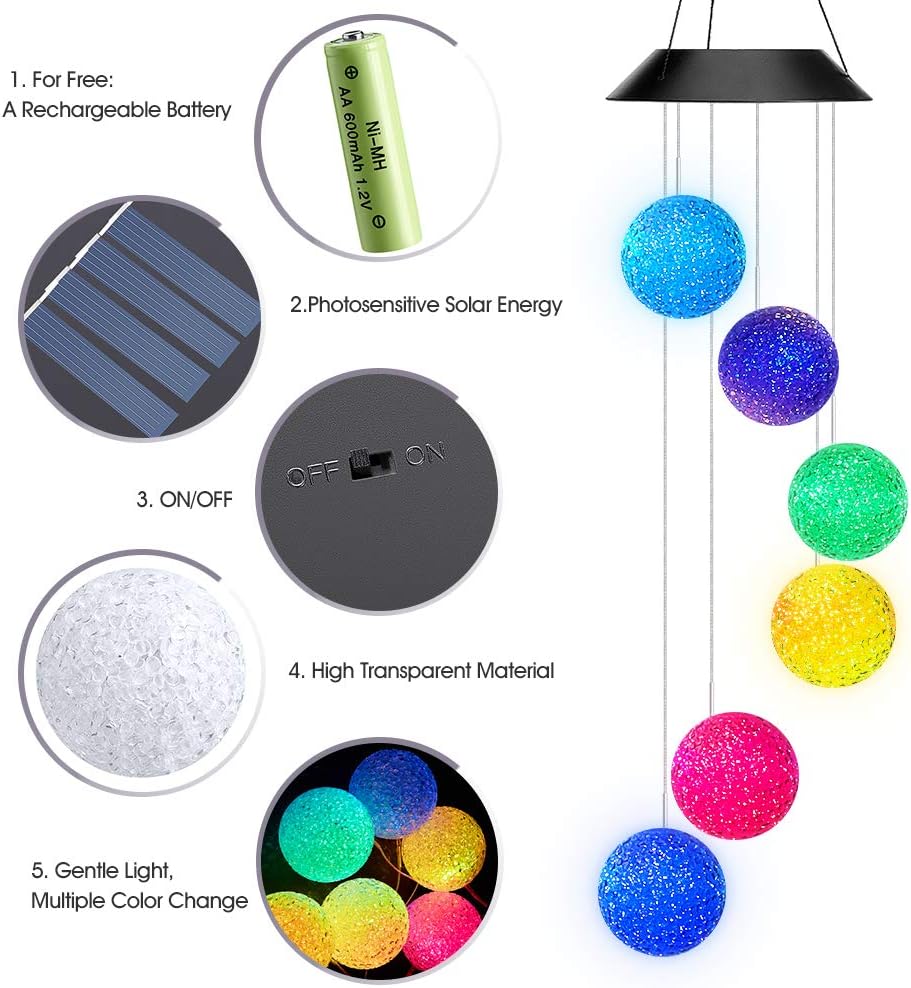 AceList Color Changing Solar Power Wind Chime Crystal Ball Wind Chime Wind Mobile Portable Waterproof Outdoor Windchime Light for Patio Yard Garden Home : Garden & Outdoor