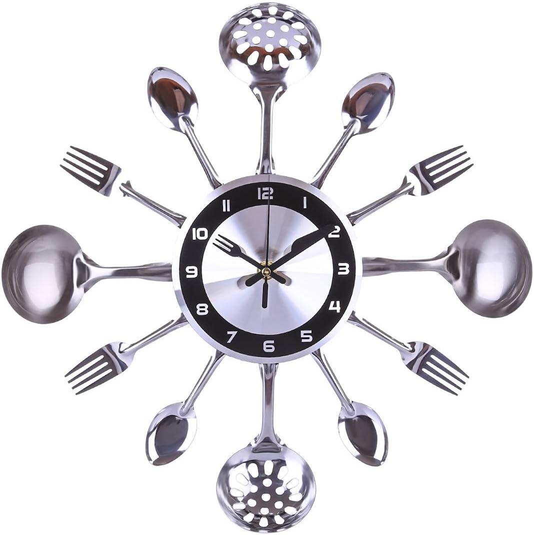 TSP Clock Wall 31-41cm Stainless Steel Kitchen Spoon Fork Clock Silent Wall Clock Living Room Decor Mediterranean Style Home Decoration- Silver (Color : 35cm)