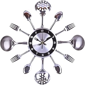 TSP Clock Wall 31-41cm Stainless Steel Kitchen Spoon Fork Clock Silent Wall Clock Living Room Decor Mediterranean Style Home Decoration- Silver (Color : 35cm)