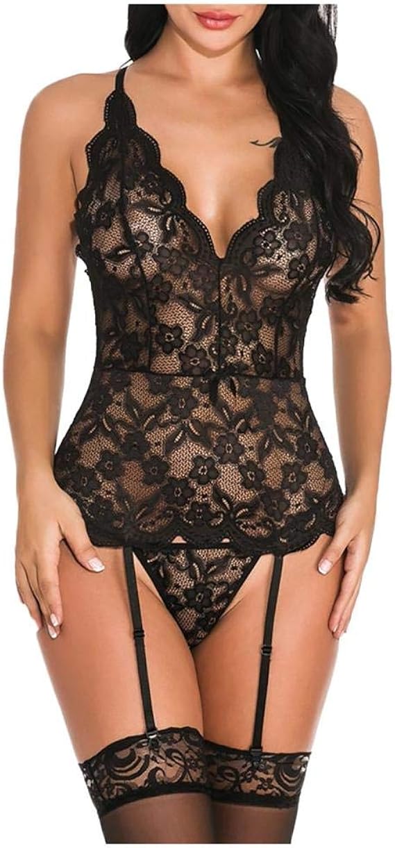 Amazon 女性のエロティックな服 セクシーな女性のランジェリー誘惑レースディープvブラガーターパースペクティブ誘惑ランジェリーレディースナイトドレス Black M セット 通販