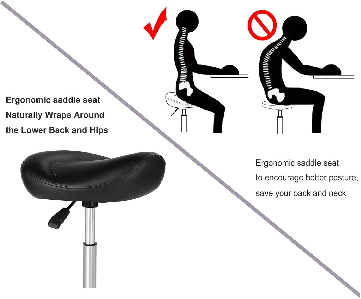 Kaleurrier Ergonomic Rolling Swivel Saddle Stool with Wheels,Hydaraulic Pneumatic Lifting Height Adjustable Lightweight Chair for Clinic Spa Beauty Hair Salon Massage Lab Kitchen Home Office (Black): Furniture & Decor