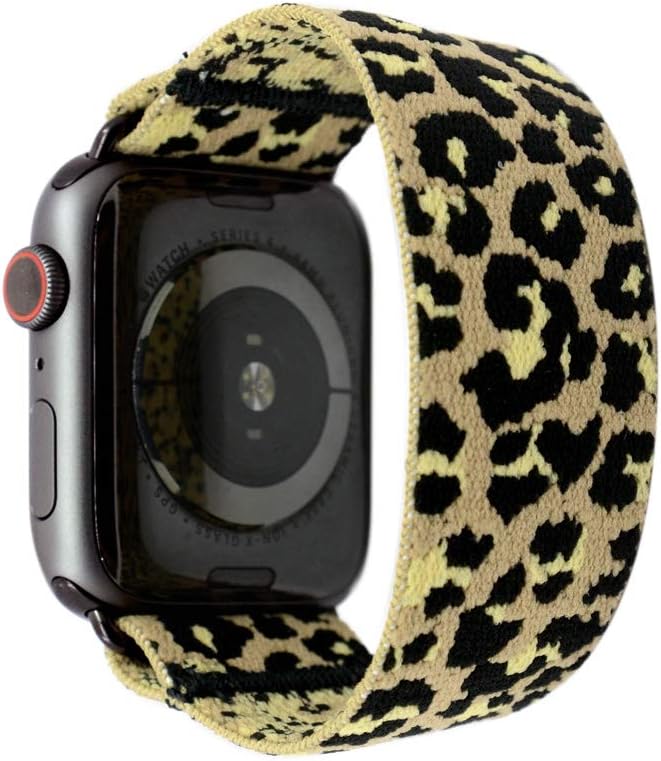 Tefeca Beige Cheetah/Leopard Pattern Elastic Compatible/Replacement Band for Apple Watch 38mm/40mm (Black Adapter, M fits Wrist Size : 6.5-7.0 inch)