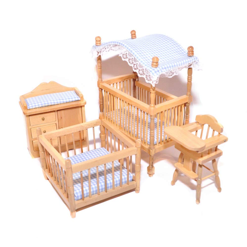Melody Jane Dollhouse Light Oak Blue Gingham Nursery Furniture