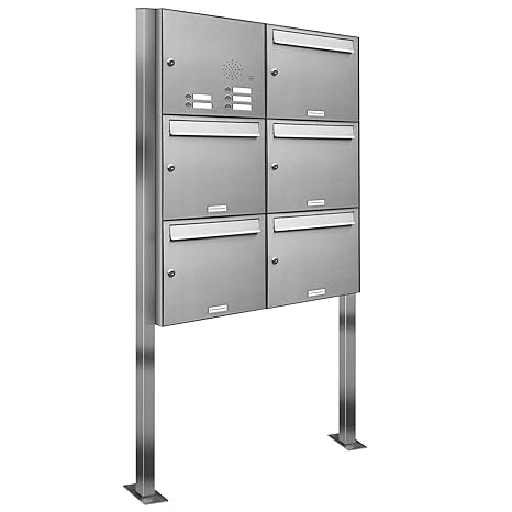 AL Briefkastensysteme 5er Edelstahl Standbriefkasten mit Klingel rostfrei als 5 Fach Briefkastenanlage in Postkasten Briefkas