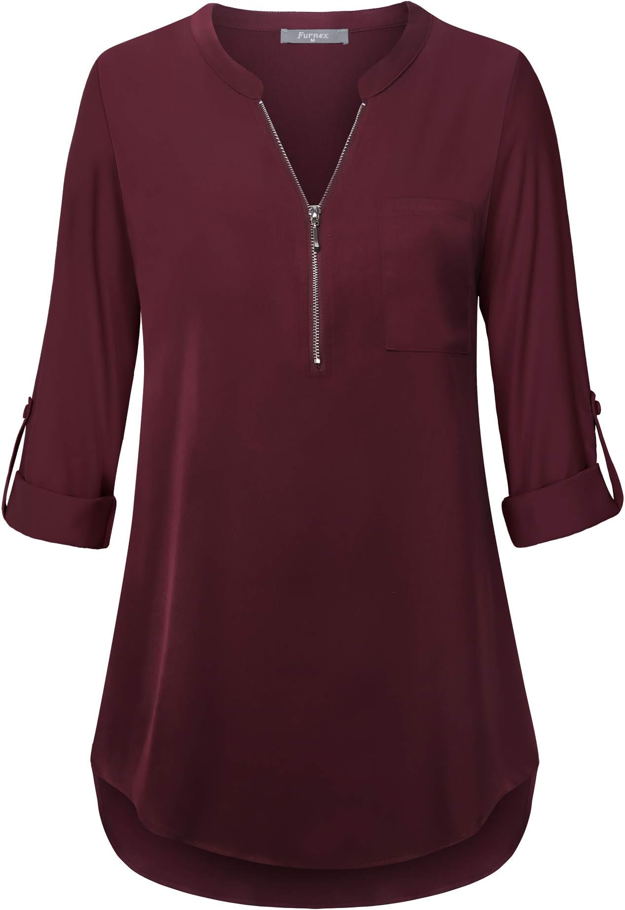Women's V Neck Chiffon Blouse Half Zip up Tunic Shirts 3/4 Roll Sleeve Tops Work Casual
