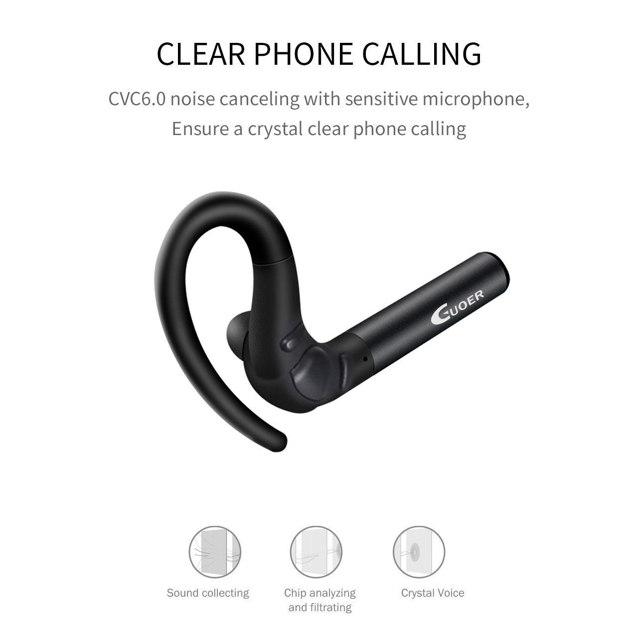 Guoer Bluetooth 4.1 Headset Noise Cancellation and Hands-free Stereo Earphone with Extra Extension Ear Piece, Microphone Volume Control, Compatible with iPhone Android Smartphones and Other Bluetooth-enabled Devices(Black)