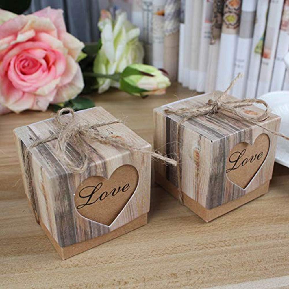 50pcs Candy Boxes Party Favour Boxes Vintage Kraft Bonbonniere with 50pcs Burlap Twine Love Heart Imitation Bark Gift Boxes for Wedding Party Birthday Baby Shower Decoration(Love heart style_01)