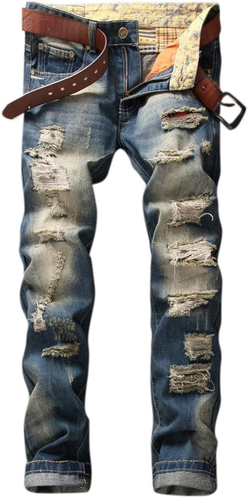 OKilr Pjik Men's Straight Slim Fit Ripped Jeans with Distressed Holes Relaxed Denim Pants