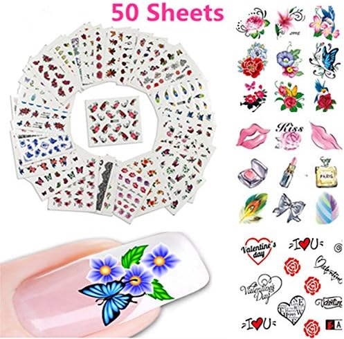 Pack of 50 Sheets Nail Art Stickers Decals Designs Flowers Animals Anime For Women Girls Kids ( Different Patterns )