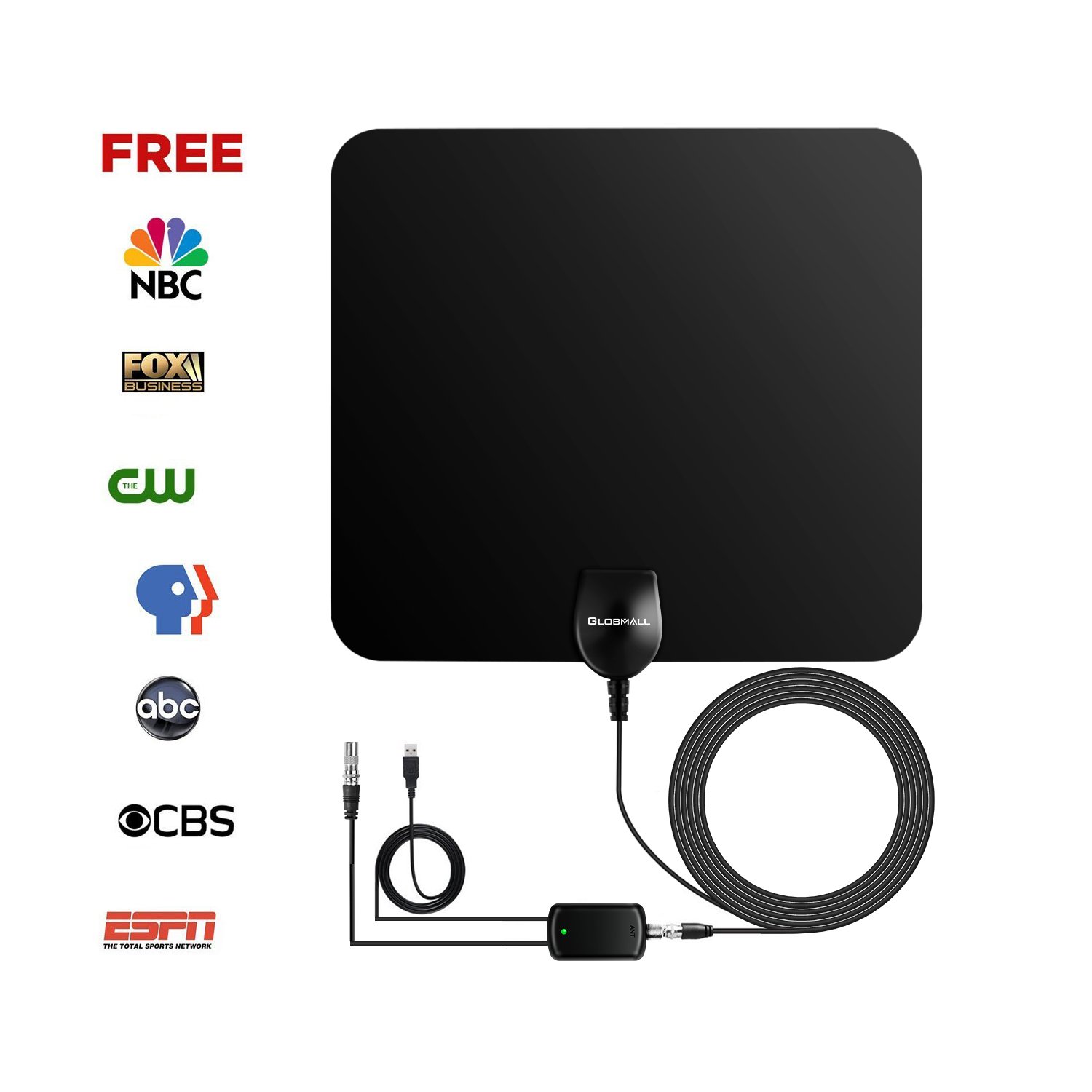 TV Aerial, Globmall Ultra-Thin TV Antenna 50 Miles Distance Detachable Indoor Singal Amplifier Booster, Digital HDTV Aerial 13.2FT Coaxial Cable for Digital Freeview & Analog TV Signals, Soft Design