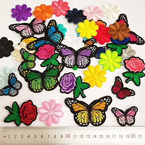 Czorange Butterfly Applique Clothing Iron On Patch Embroidery Applique Patches Rose Flowers for Arts Crafts DIY Decor, Jeans, Jackets, Clothing, Bags (Pack of 40 Pieces)