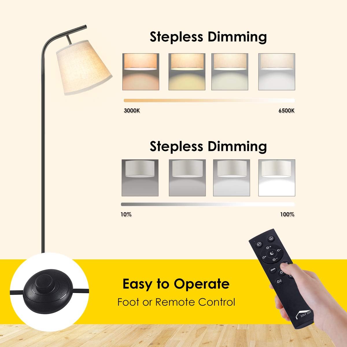 Wellwerks Arc Floor Lamps, Super Bright LED Torchiere Metal Floor Lamps, LED Floor Light with Remote Control，Standing Lamp with Stepless Dimmer for Living Room, Office and Bedroom - - 