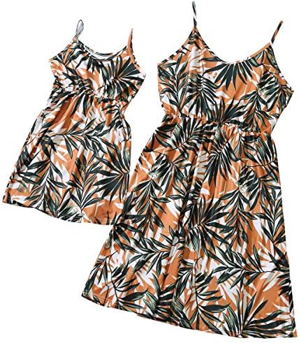 Deyiis Women Sleeveless Leaf Print Sundress Family Matching Summer Sling Beach Dress Summer Clothes Outfits for Mommy and Daughter