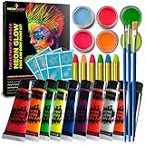 40 Piece Glow in The Dark Face & Body Paint Kit - UV Neon Fluorescent Paint - Non Toxic, Hypoallergenic, Lab Tested - Makes up 150+ Faces with 10 Tubes, 6 Pots, 6 Color Pencils, 3 Brushes,15 Stencils