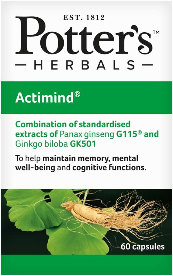 Potter’S Herbals Actimind – 60 Capsules - to Help Maintain Memory with Age Decline – Mental Well-Being and Cognitive Functions – Panax Ginseng G115 – Ginkgo Biloba GK501, 408-0289