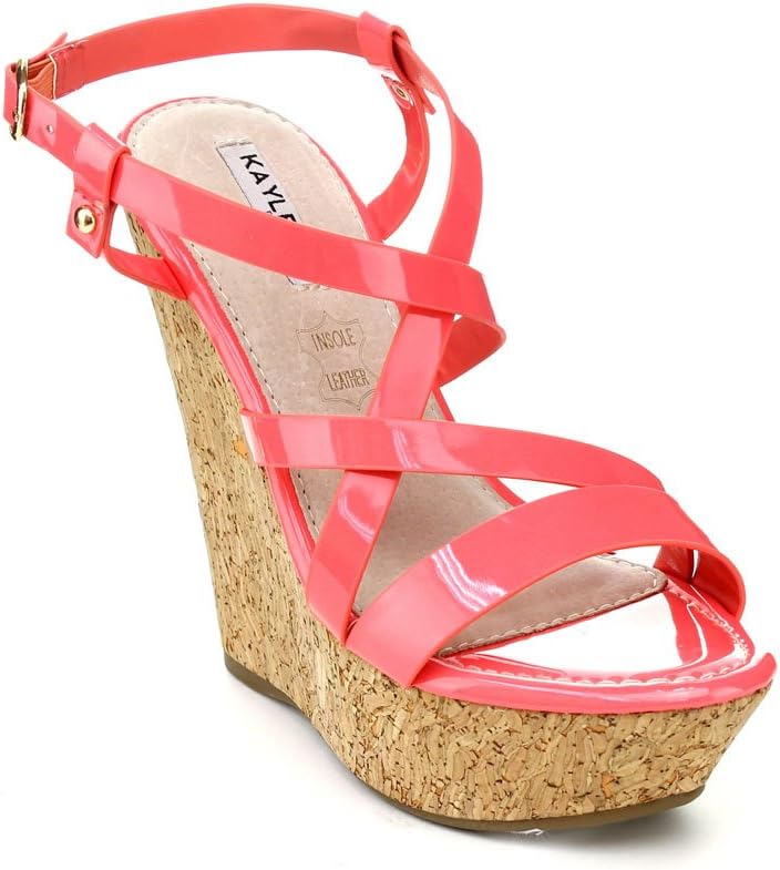 Kayleen DAME-2 Women's Criss Cross Strappy High Heel Platform Wedge Sandals, Color:CORAL, Size:8.5
