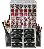 N2 Makeup Co Spinning Acrylic Makeup Organizer Carousel, Holds 72 Lipstick Holder Slots, Brushes & 16 Powder Compact Cases, Clear Cosmetics Storage Box
