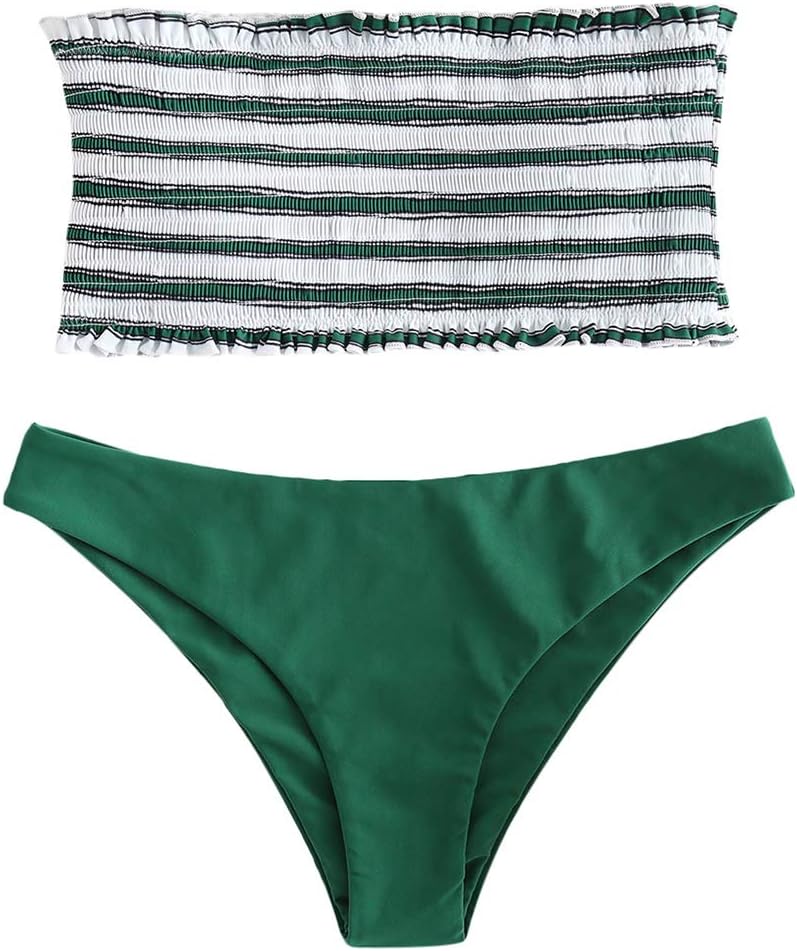 ZAFUL Women's Strapless Striped Frilled Smocked Two Piece Bandeau Bikini Set