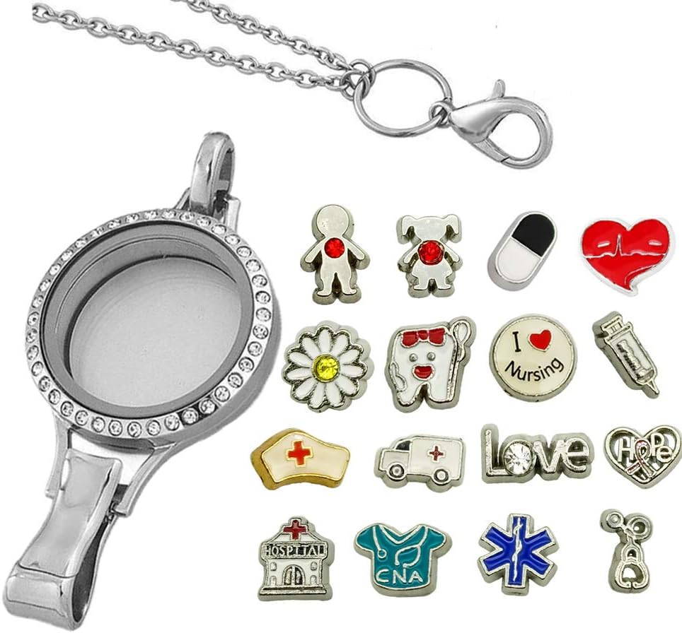Nurse RN Charm Locket Lanyard with Id Badge Holder | Living Memory Floating Locket Necklace Nurse Doctor Lanyard with Medical Floating Charms Set (Magnetic Open)