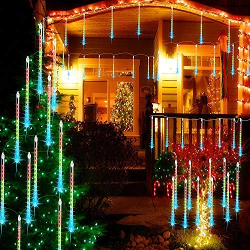 Terresa LED Meteor Shower Rain Lights 11.8-Inch 8 Tube Waterproof Icicle Tree Lights for Xmas Christmas Outdoor Decorations, Snowfall Lights for Wedding Year Party Decorations (Multicolor)