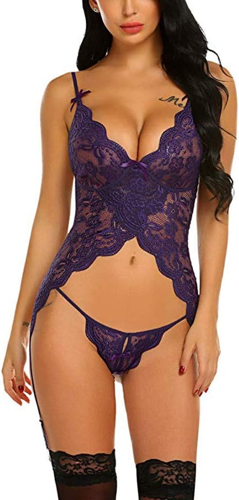 Womens Sexy Lingerie, Hansee Deep V Neck Sexy Negligees Set Sling Nightwear Lace Perspective Babydoll Bodysuit Sleepwear with Thong Underwear Jumpsuit Pajamas Nightgown for Woman
