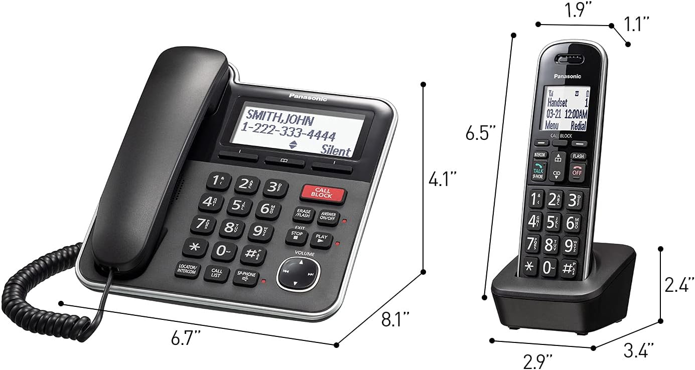 Panasonic Expandable Corded/Cordless Phone System with Answering Machine and One Touch Call Blocking – 2 Handsets - KX-TGB852B (Black) : Office Products