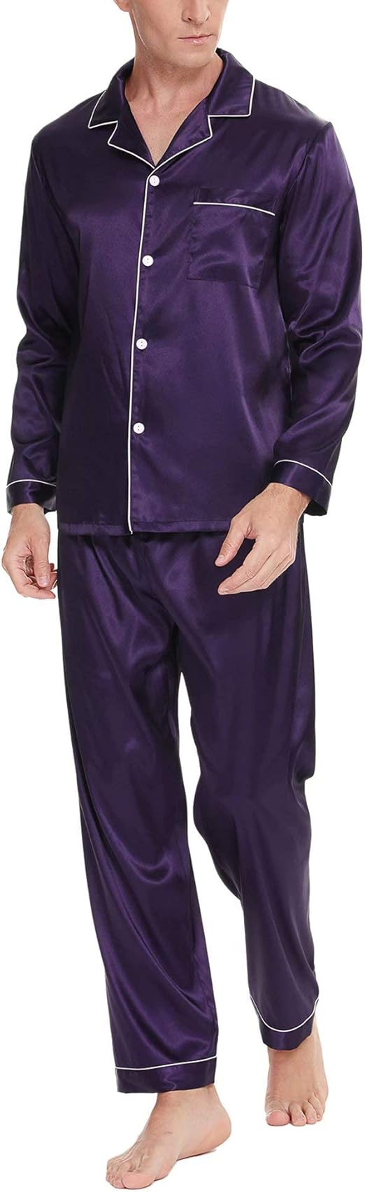 SWOMOG Mens Satin Pajamas Set ButtonDown Classic Sleepwear Silk Long