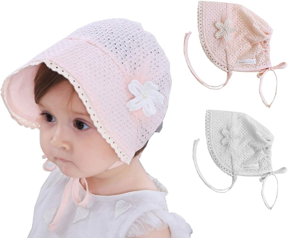 Toddler-Girls Breathable Bonnet Sun-Hat - Baby Girls Christening Baptism Hat Adjustable for 5-18 Months