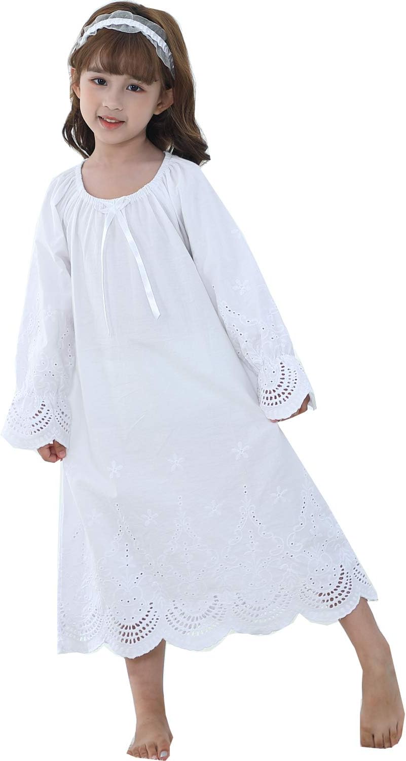 Nightgowns for Girls, Princess Lace Long Sleeve Sleepwear, Cotton Mesh Nightdress for Big Kids 3-14 Years