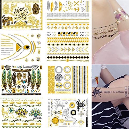 Premium Temporary Tattoos 8 Sheets Removable Waterproof Instant Temporary Fake Jewelry Tattoos,Body Art Sticker,Wrist & Arm Bands,Metallic Gold,Silver & Color Shimmer
