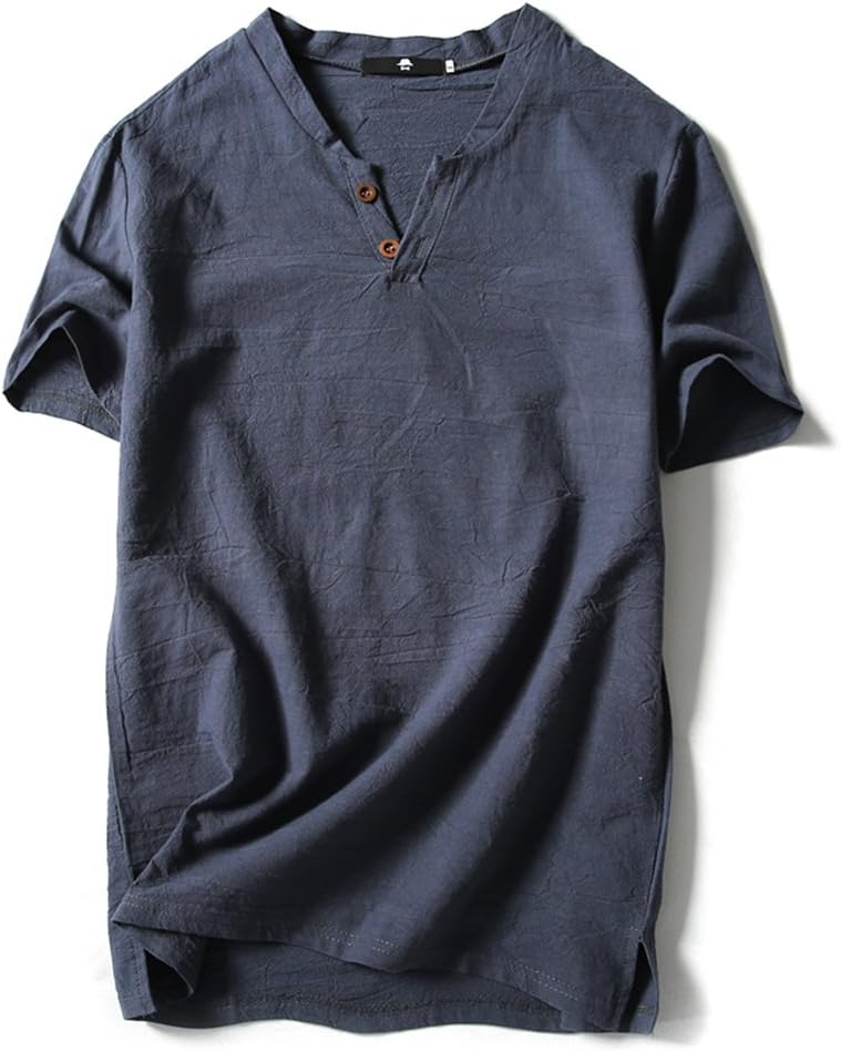 VANCOOG Mens Short Sleeve Henley V-Neck Linen and Cotton t-Shirt with Button (X-Small, Gray Blue)