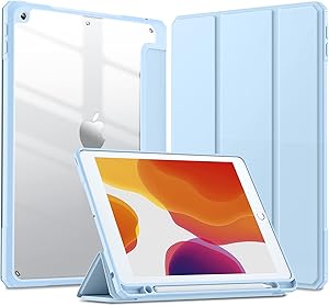 Hamile Compatible with iPad 8th Generation/7th Generation Case, PC Hard Clear Back Cover iPad 10.2 Inch Cases with Pencil Holder Trifold Stand for iPad 8th Gen 2020/7th Gen 2019, Light Blue
