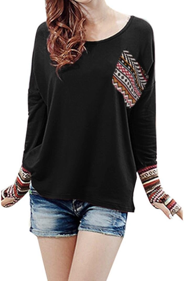 LILICAT Women Long Sleeve Tops, Women's Ladies Patchwork Casual Loose T-Shirts Blouse Tops with Thumb Holes (Black, Size: S)