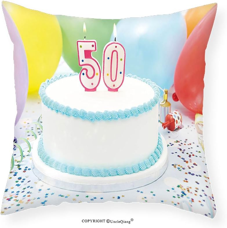 UncleQiang Custom pillowcases 50th Birthday Decorations White Sweet Cake on Table with Colorful Balloons Confetti Party for Bedroom Living Room Dorm Multicolor